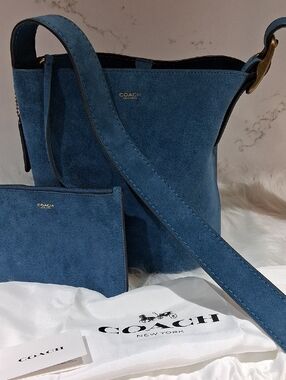 COACH Bleeker Bag 21 Blue Suede Bucket Bag with Matching Pouch.